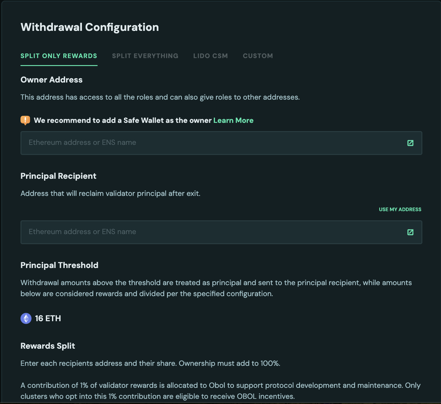 Diagram of withdrawal-configuration options for a DV cluster β standard withdrawal address, Obol Splits, or Obol Validator Manager.