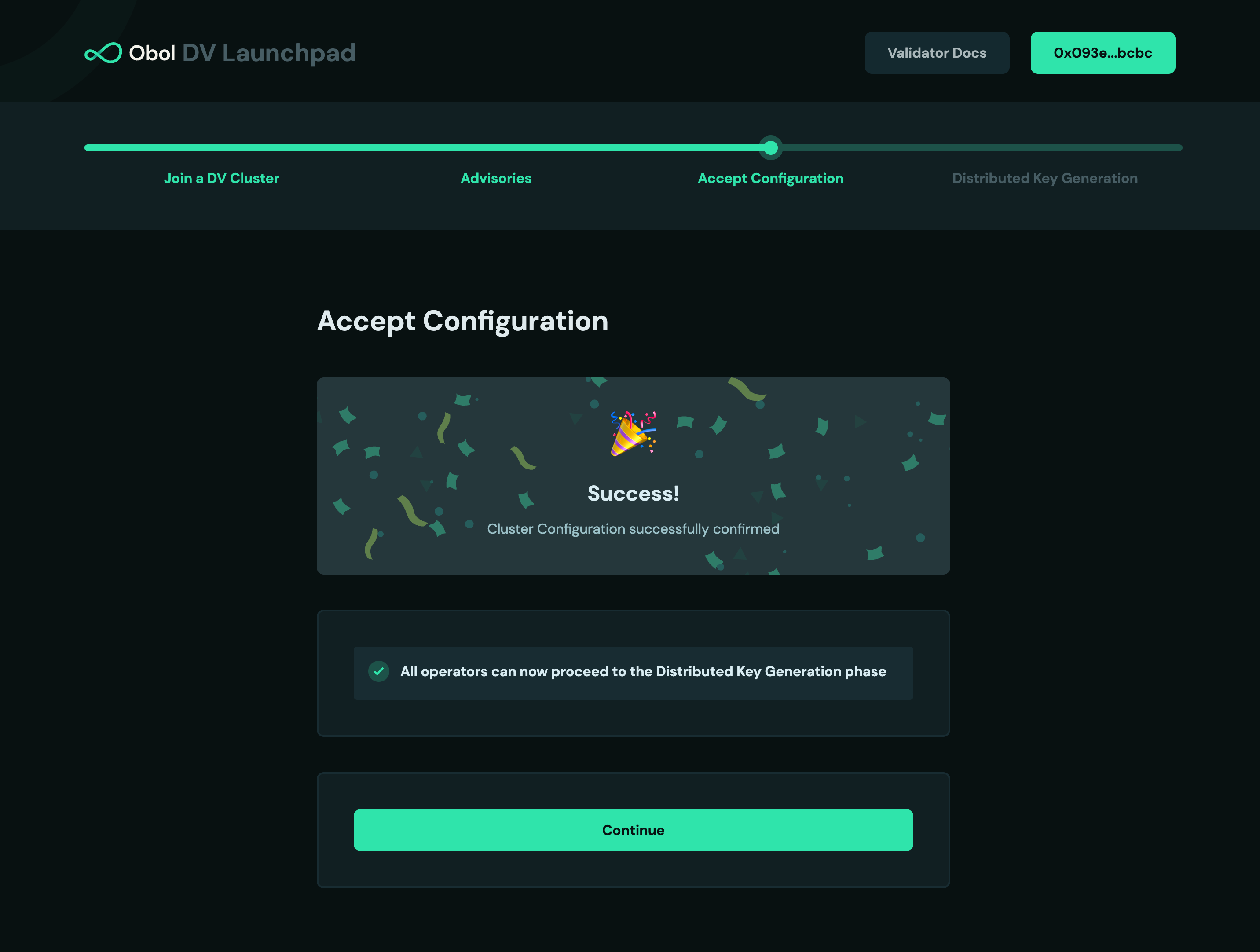 Screenshot: Once all operators successfully signed, your screen will automatically advance to the next step and look like this. Click Continue. (If you closed the tab, you can always go backβ¦