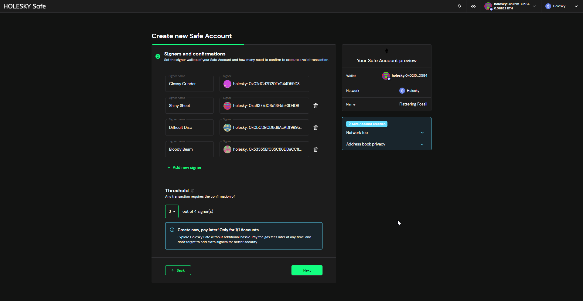 Screenshot: Don't require 100% of signers to approve transactions, in case someone loses access to their address. Using the same threshold as your cluster will use is a reasonable startingβ¦