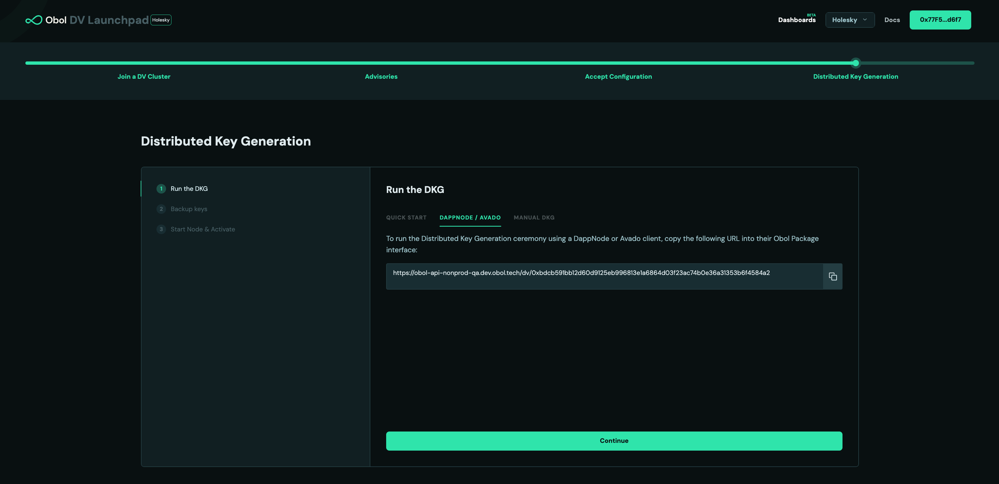 Screenshot: After all operators have signed with their wallet and has provided an ENR from the DappNode info tab, the Launchpad will instruct operators to begin the DKG ceremony. Clickβ¦