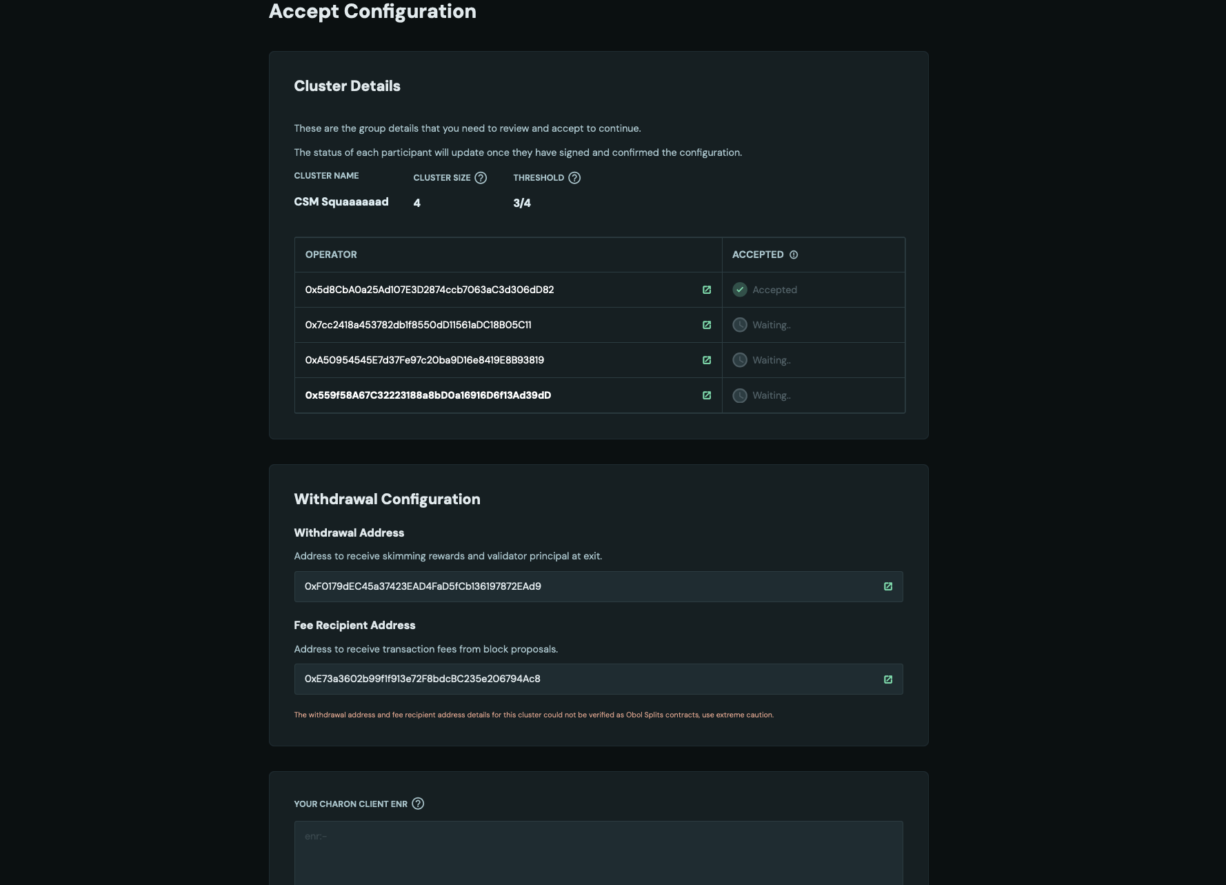 Screenshot: All squad members need to open the cluster invitation link, connect their wallet, accept all necessary advisories, and to verify the cluster configuration is correct with aβ¦