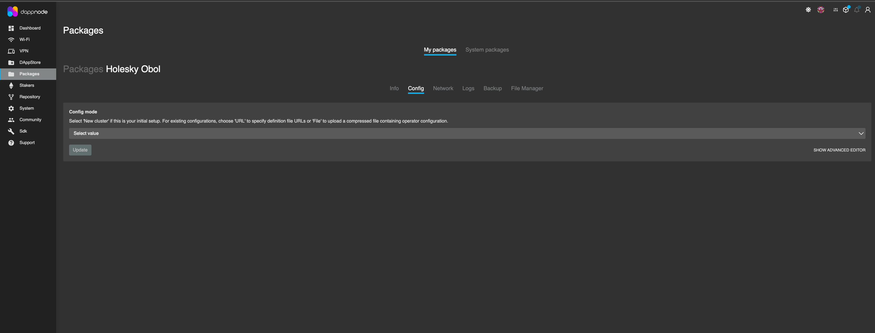 Screenshot: To run the Distributed Key Generation ceremony using a DappNode, you must paste the cluster definition URL into the Obol Package interface. Go to the 'Config' tab, select 'URL'β¦