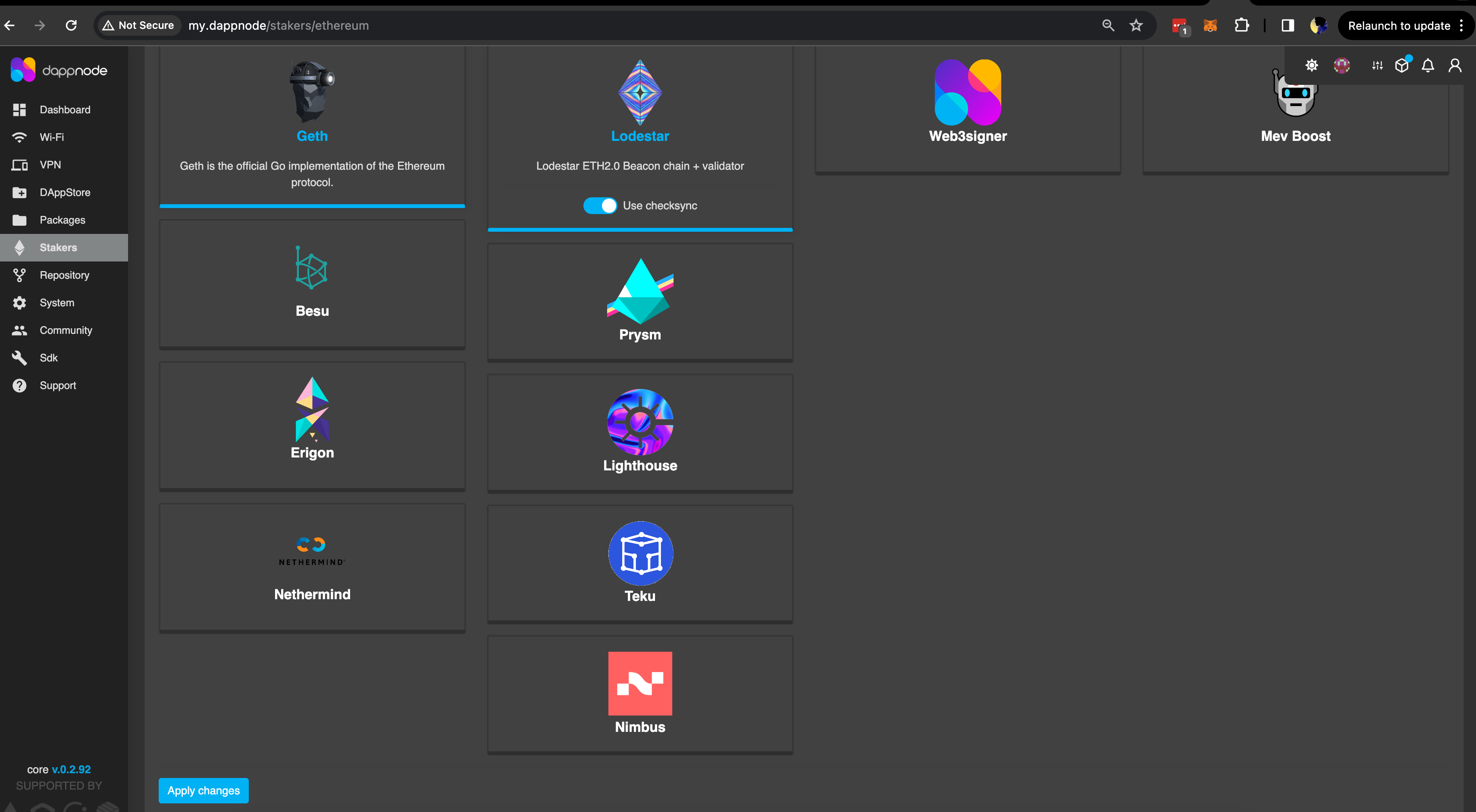 Screenshot: Click on the 'Stakers' tab on the left side, select an execution client (e.g. Geth) & consensus client (e.g. Lodestar) & click 'Apply changes'. This will start the syncing processβ¦