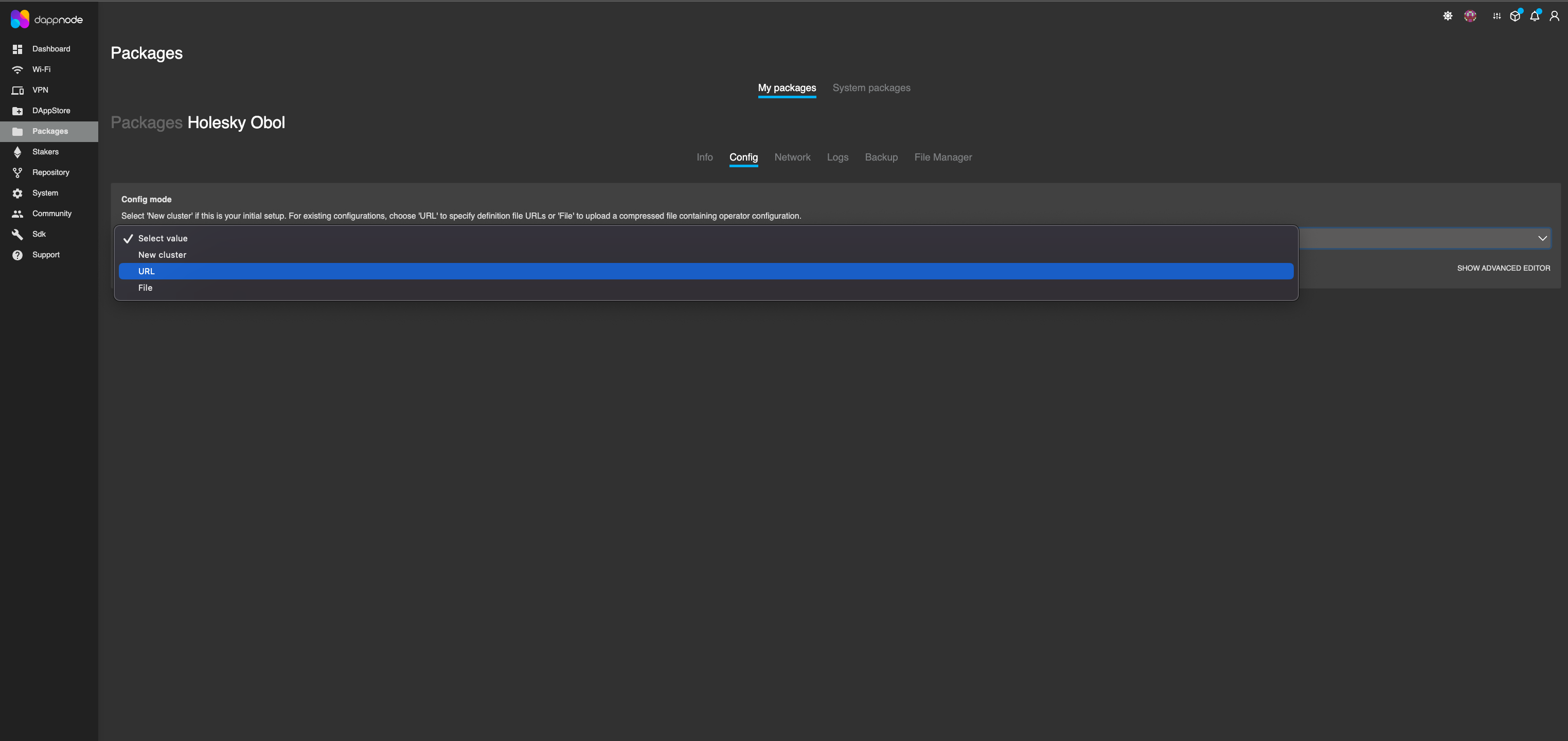 Screenshot: To run the Distributed Key Generation ceremony using a DappNode, you must paste the cluster definition URL into the Obol Package interface. Go to the 'Config' tab, select 'URL'β¦