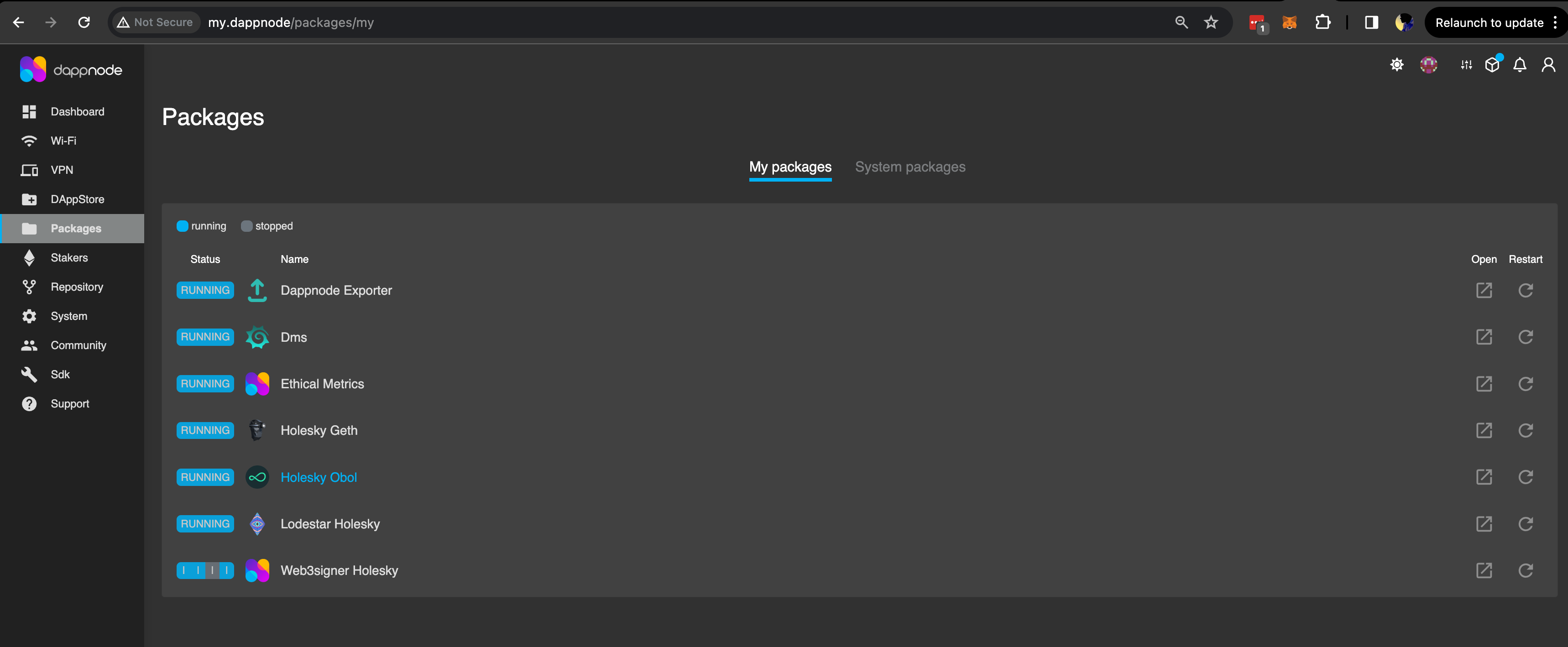Screenshot: You should now be able to see the Obol package under the 'Packages' tab. Click on the package to see important details.