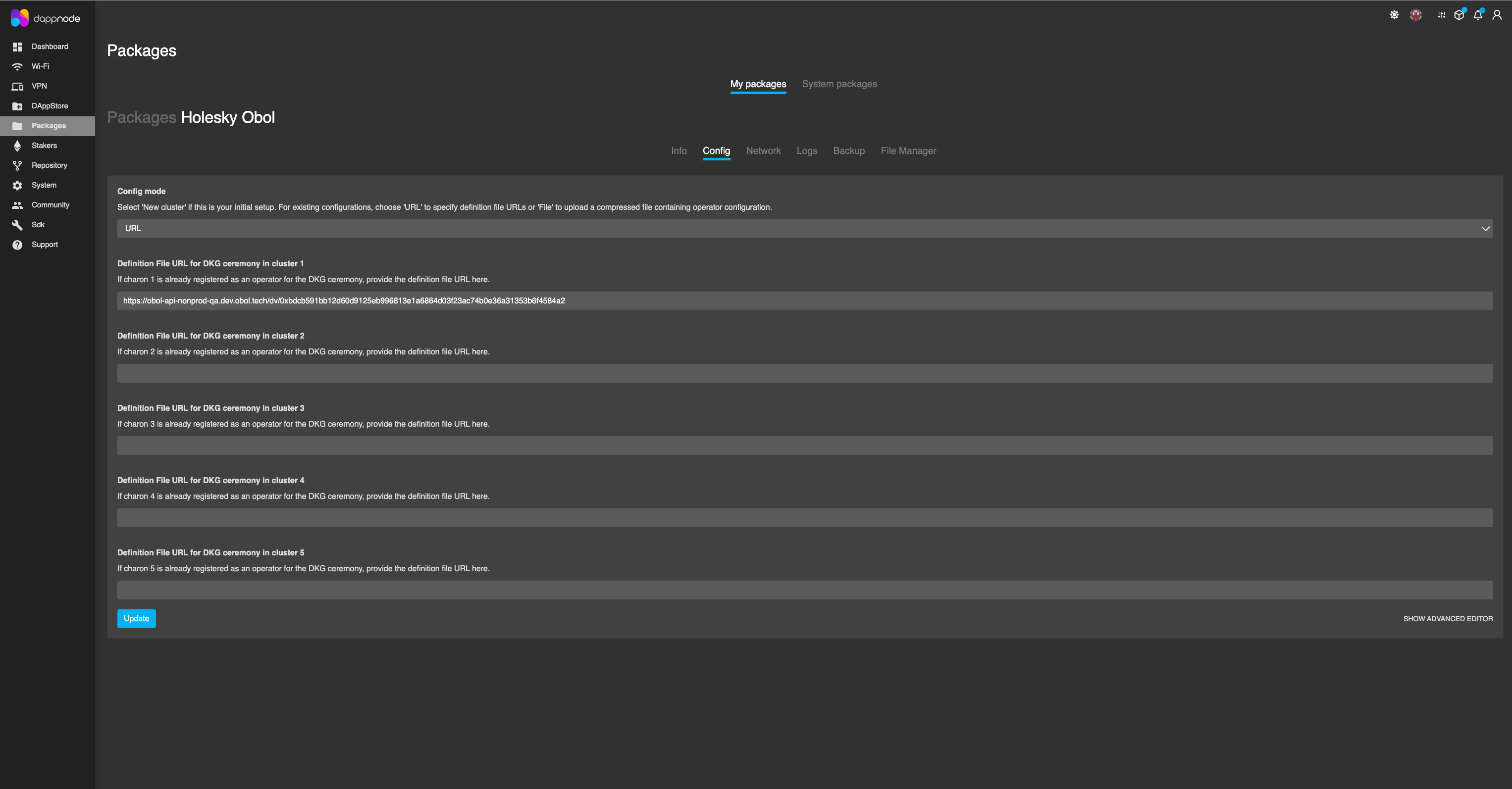 Screenshot: To run the Distributed Key Generation ceremony using a DappNode, you must paste the cluster definition URL into the Obol Package interface. Go to the 'Config' tab, select 'URL'β¦