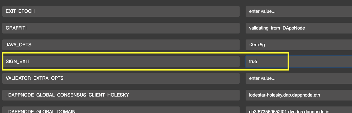 Screenshot: The advanced editor config page provides ENV configs for each validator. Scroll to the validator number you want to exit and type “true” in the column opposite SIGNEXIT.