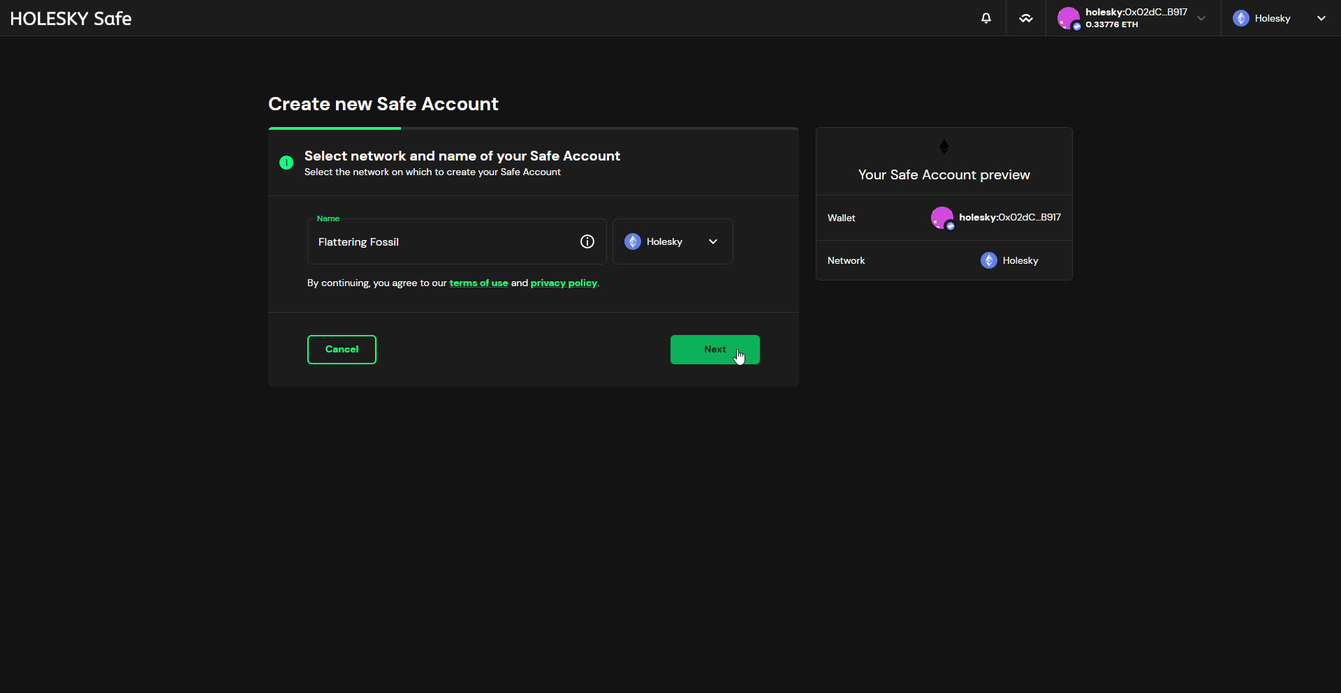 Screenshot: After giving the Safe a name and selecting the appropriate network, continue by clicking the Next button.
