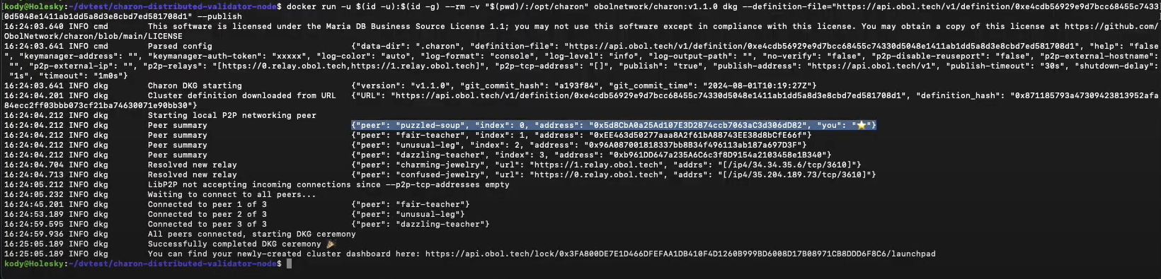 Screenshot: Paste the DKG command into your terminal and wait for all the other squad members to connect and complete the DKG ceremony.
