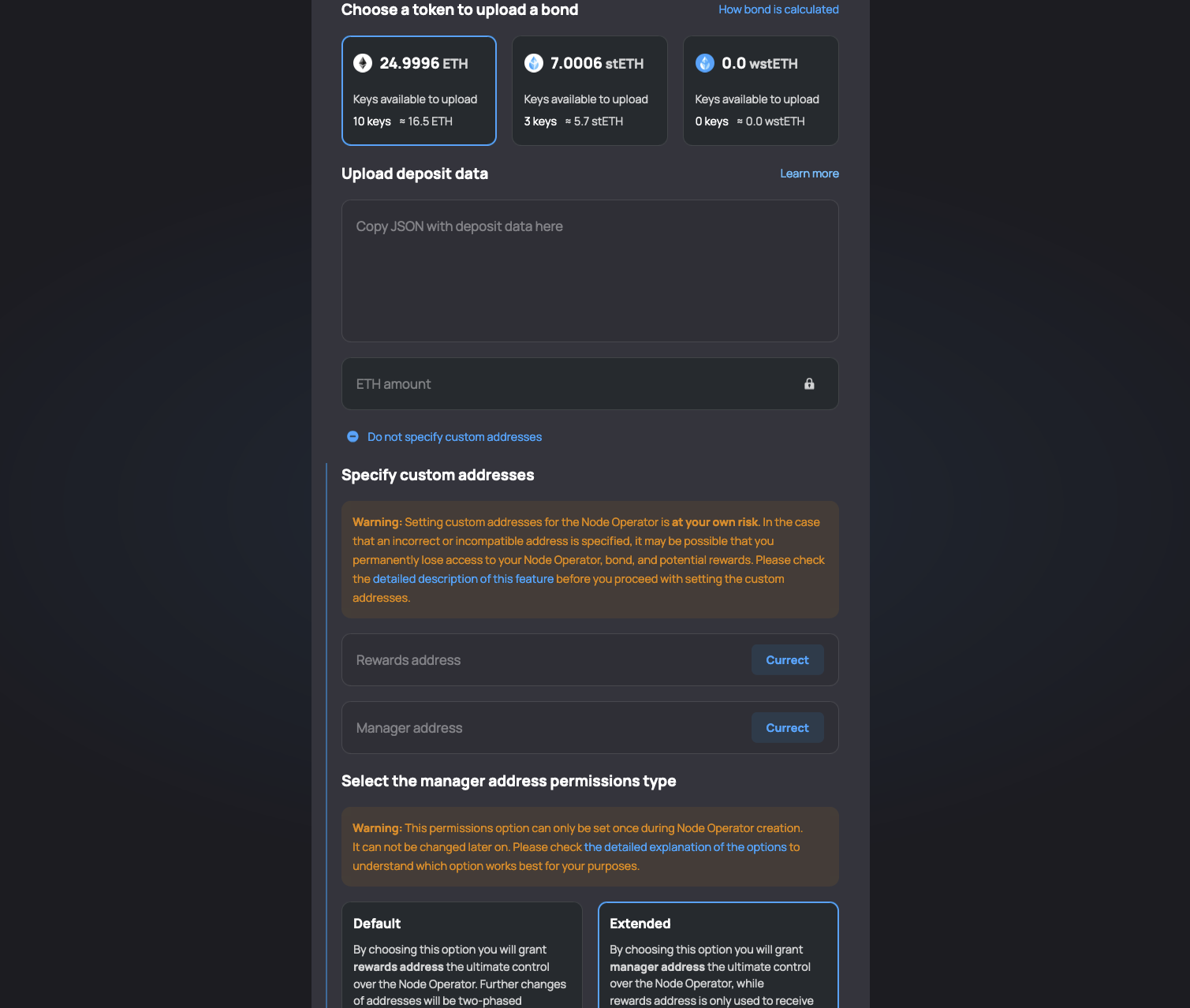 Screenshot: Check that the correct addresses are set and click the Create Node Operator button.
