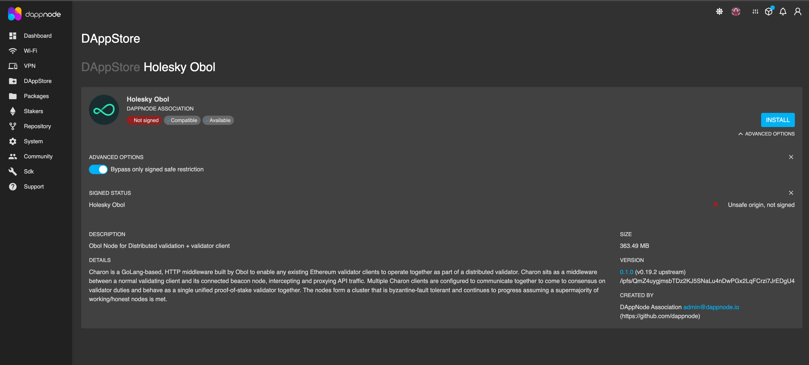 Screenshot: Paste the IPFS hash you copied from Github and click 'Search' (It may take a minute for the package to be found.) You will then be presented with the package installation page.…