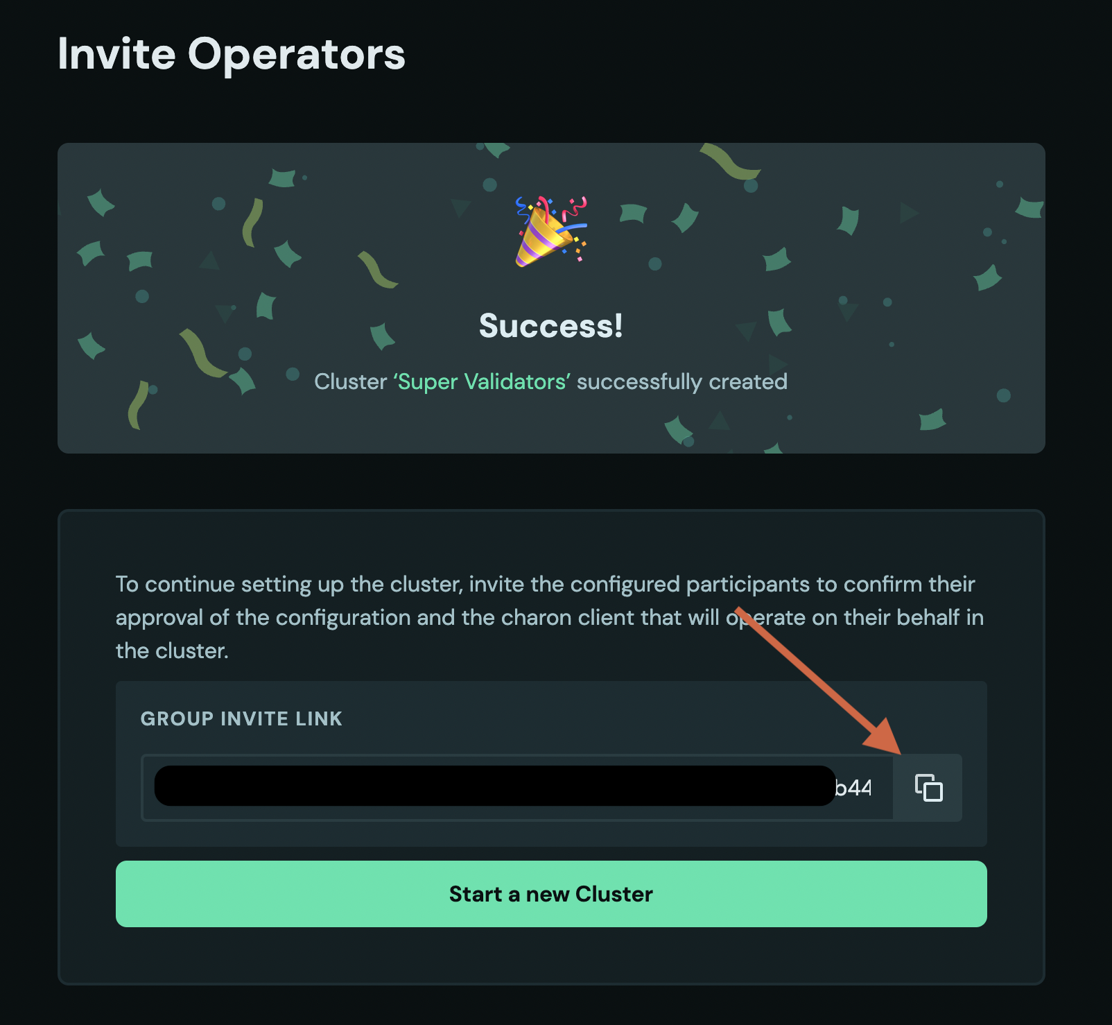 Screenshot: Share your cluster invite link with the operators. Following the link will show you a screen waiting for other operators to accept the configuration you created.
