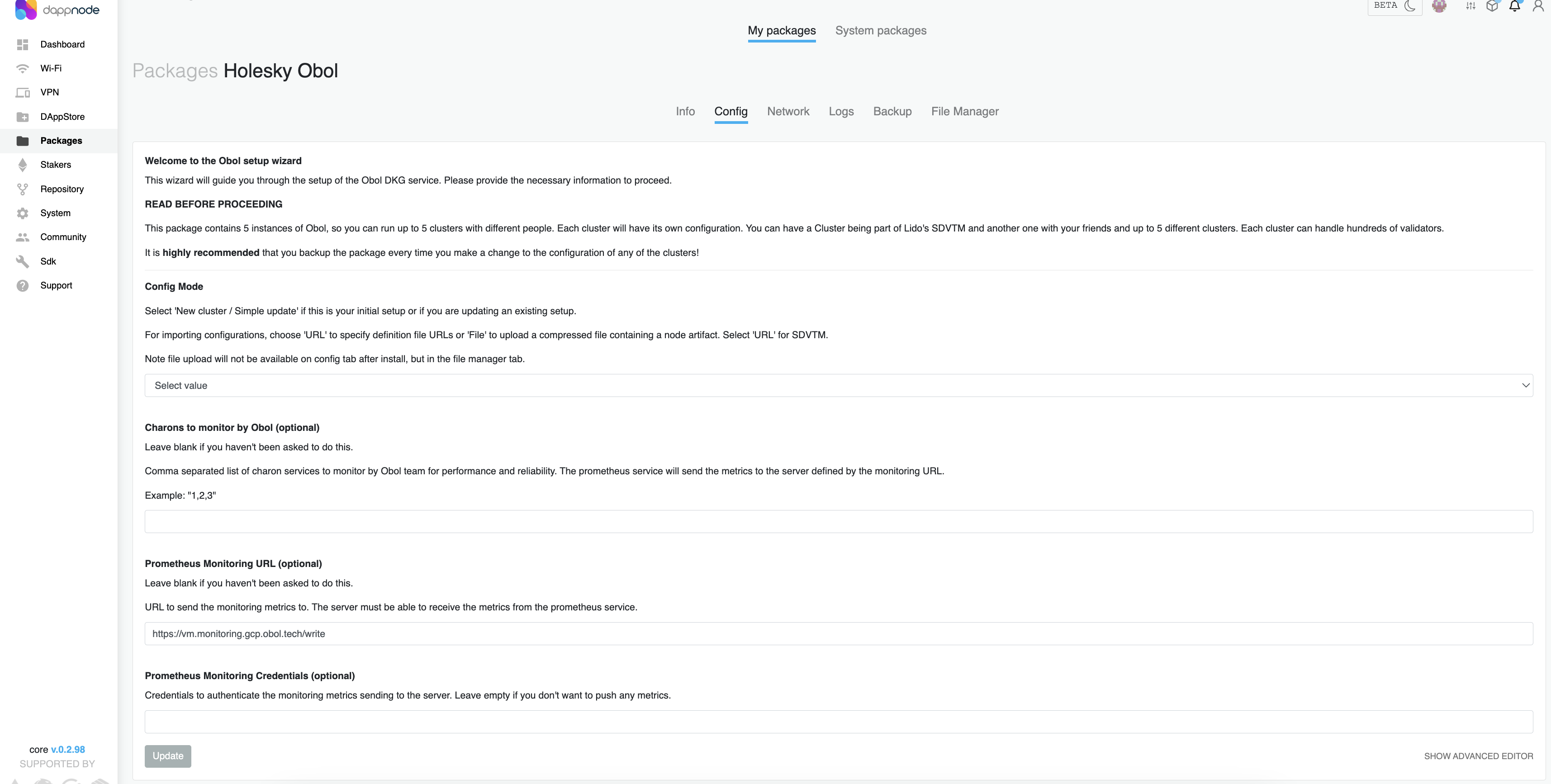 Screenshot: Navigate to your Obol package in DappNode and go to the Config tab.